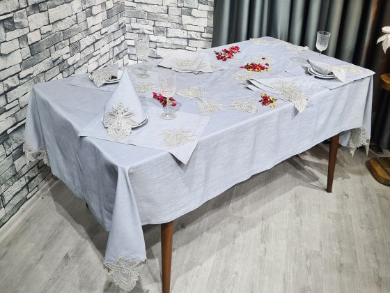Fransız Dantelli El İşi Lotus 34 Parça Amerikan Servis Seti Gri - Çeyiz Diyarı