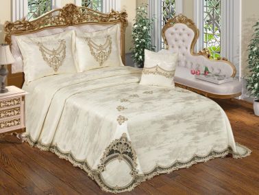 Fransız Dantelli Elfin Çift Kişilik Yatak Örtüsü Krem - 1