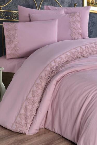 Fransız Dantelli Hüsna Çeyizlik Nevresim Takımı Pudra - Çeyiz Diyarı