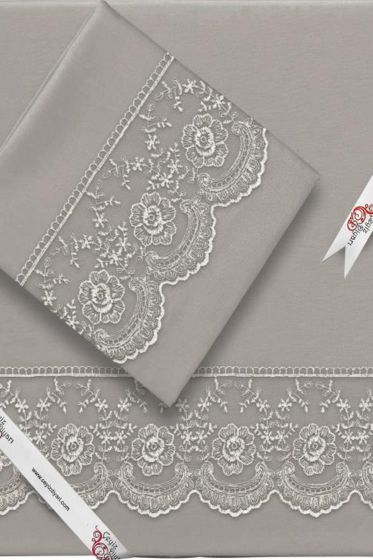 Fransız Dantelli Kure Çeyizlik Nevresim Takımı Gri - Çeyiz Diyarı
