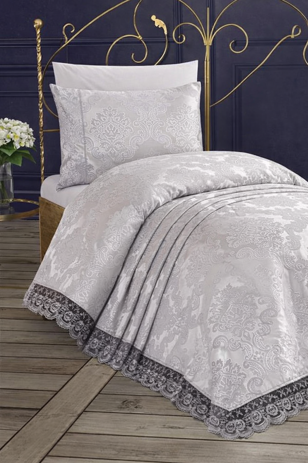Fransız Dantelli Kure Tek Kişilik Yatak Örtüsü 2 Parça Gri - 1