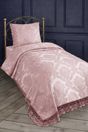 Fransız Dantelli Kure Tek Kişilik Yatak Örtüsü 2 Parça Pudra - Çeyiz Diyarı
