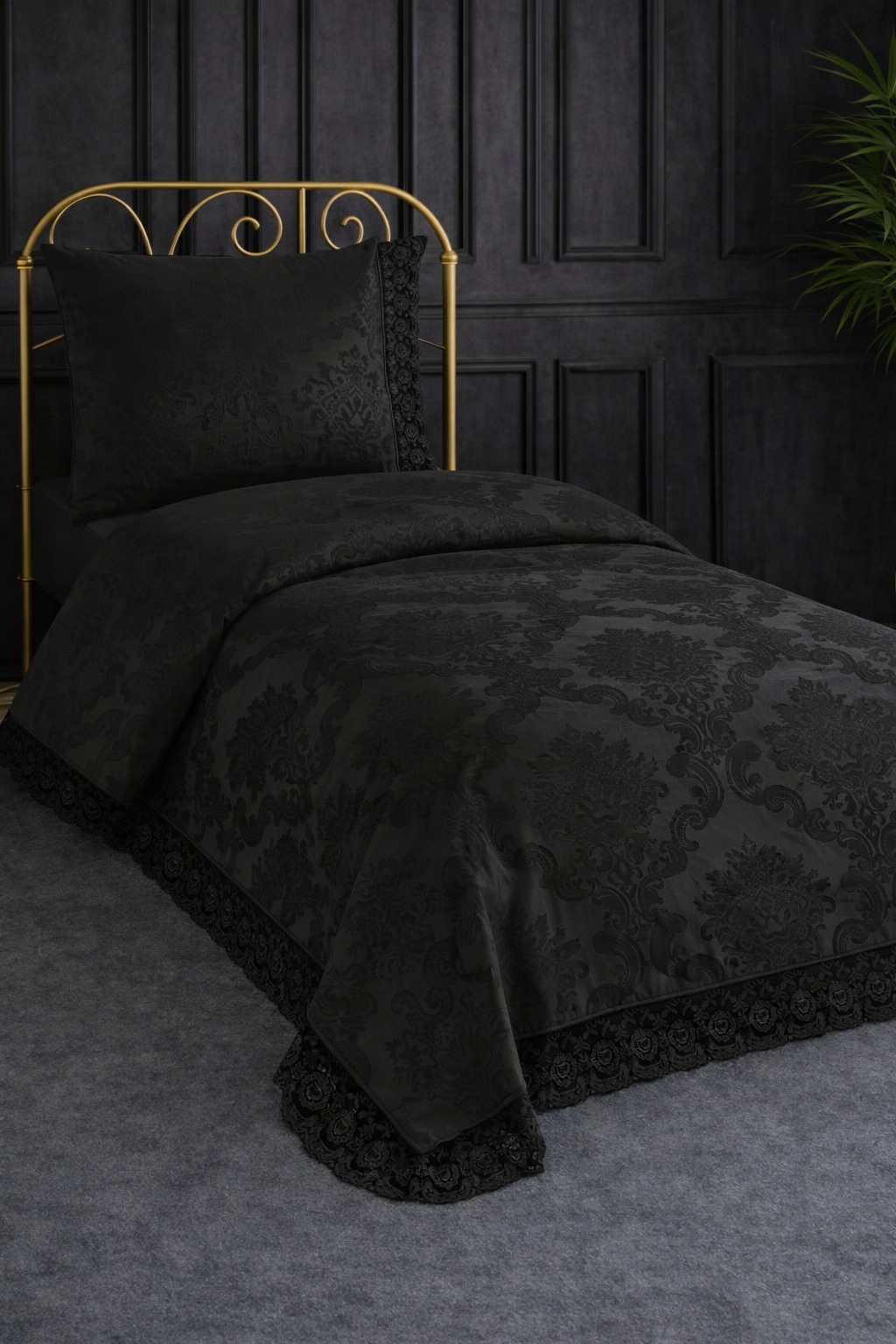 Fransız Dantelli Kure Tek Kişilik Yatak Örtüsü 2 Parça Siyah - 1