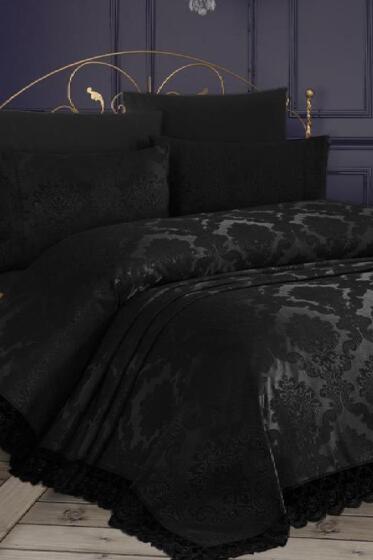 Fransız Dantelli Kure Yatak Örtüsü Siyah - Çeyiz Diyarı