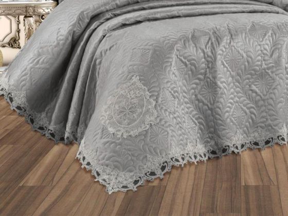Fransız Dantelli Omara 3 Parça Yatak Örtüsü Takımı Gri - Çeyiz Diyarı (1)