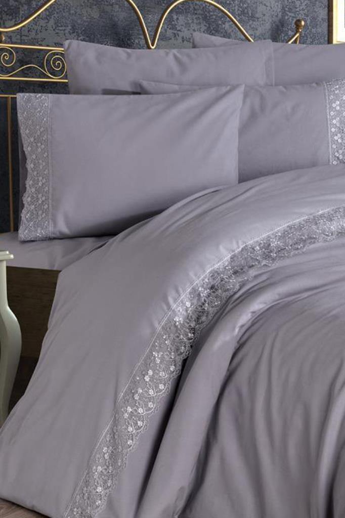 Fransız Dantelli Patya Çeyizlik Nevresim Takımı Gri - 1