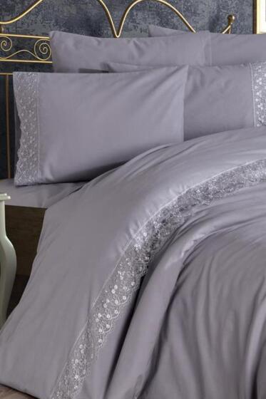 Fransız Dantelli Patya Çeyizlik Nevresim Takımı Gri - Çeyiz Diyarı