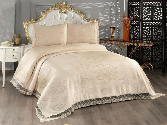 Fransız Dantelli Suzan Çift Kişilik Yatak Örtüsü Cappucino - Çeyiz Diyarı