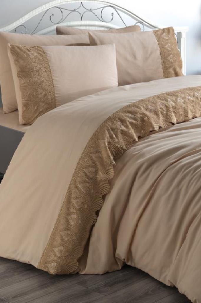 Fransız Dantelli Vase Çeyizlik Nevresim Takımı Cappucino - 1