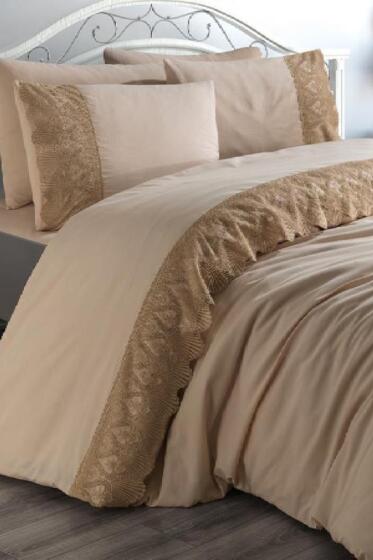 Fransız Dantelli Vase Çeyizlik Nevresim Takımı Cappucino - Çeyiz Diyarı