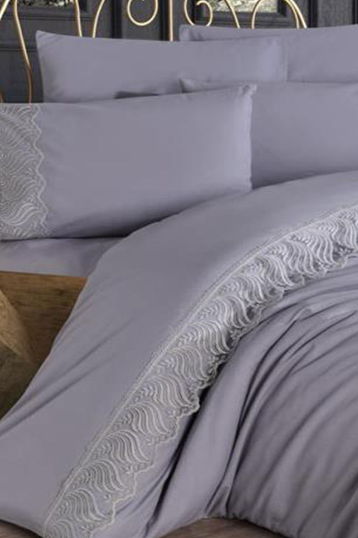 Fransız Dantelli Wave Çeyizlik Nevresim Takımı Gri - 1