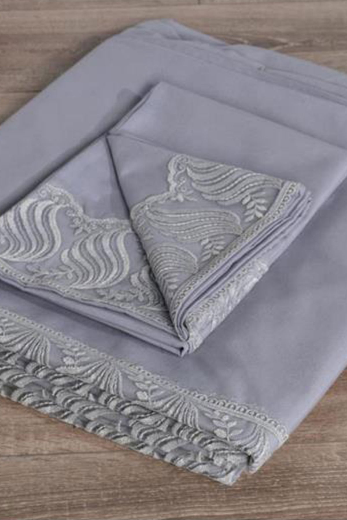 Fransız Dantelli Wave Çeyizlik Nevresim Takımı Gri - 4