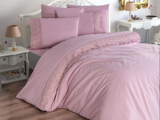 Fransız Dantelli Wave Çeyizlik Nevresim Takımı Pudra - Çeyiz Diyarı