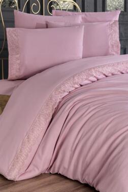 Fransız Dantelli Yonca Çeyizlik Nevresim Takımı Pudra - 1