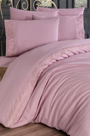 Fransız Dantelli Yonca Çeyizlik Nevresim Takımı Pudra - Çeyiz Diyarı