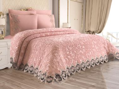 Fransız Güpürlü Adriana Battaniye Takımı Pudra - 1