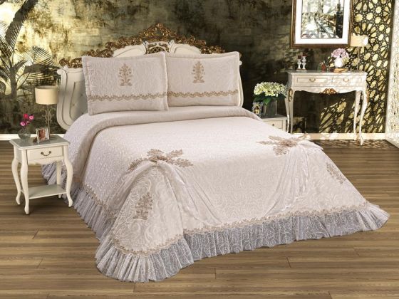 Fransız Güpürlü Aleyna Battaniye Takımı Krem - Çeyiz Diyarı