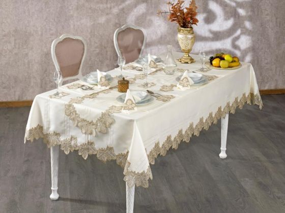 Fransız Güpürlü Çınar Masa Örtüsü Takımı Ekru Bakır 50 Parça - Çeyiz Diyarı