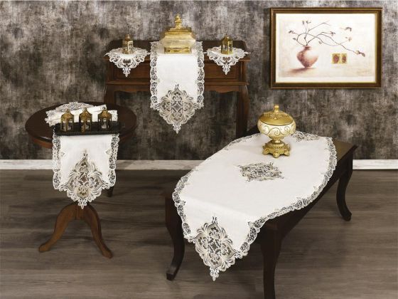 Fransız Güpürlü Efes Salon Takımı 5 Parça Kum Beji - Çeyiz Diyarı