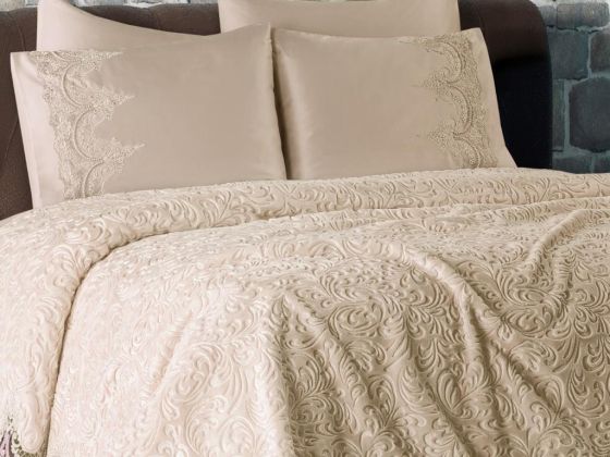 Fransız Güpürlü Elit Battaniye Takımı Bej - Çeyiz Diyarı (1)