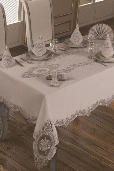 Fransız Güpürlü Elit Masa Örtüsü Takımı 18 Parça Gri - Çeyiz Diyarı