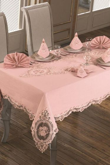 Fransız Güpürlü Elit Masa Örtüsü Takımı 18 Parça Pudra - Çeyiz Diyarı