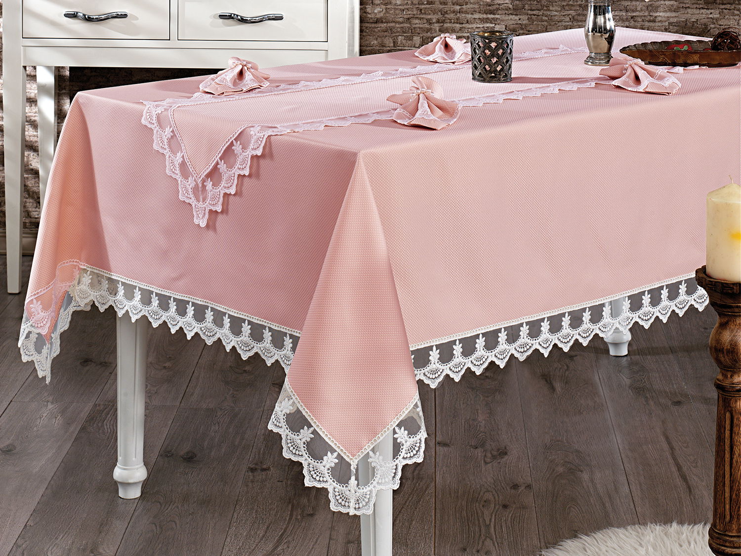Fransız Güpürlü Funda Masa Örtüsü Takımı 26 Parça Pudra - 1