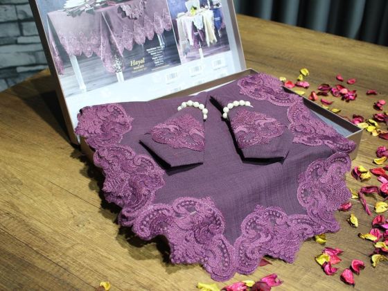 Fransız Güpürlü Hayal Masa Örtüsü Takımı 26 Parça Mürdüm - Çeyiz Diyarı