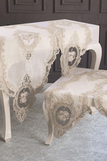Fransız Güpürlü Kadife Elit Salon Takımı 5 Parça Ekru Gold - Çeyiz Diyarı (1)