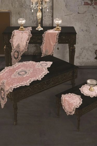 Fransız Güpürlü Kadife Elit Salon Takımı 5 Parça Pudra - Çeyiz Diyarı