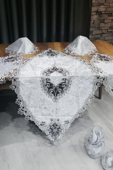Fransız Güpürlü Kadife Kelebek Salon Takımı 5 Parça Gümüş Gümüş - Çeyiz Diyarı