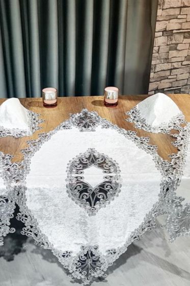 Fransız Güpürlü Kadife Kelebek Salon Takımı 5 Parça Krem Gümüş - Çeyiz Diyarı (1)