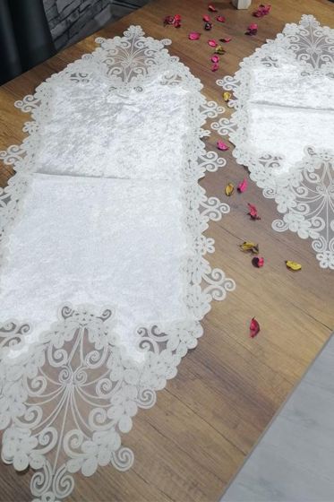 Fransız Güpürlü Kadife Kelebek Salon Takımı 5 Parça Krem Krem - Çeyiz Diyarı (1)