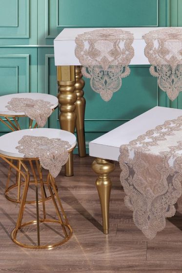 Fransız Güpürlü Kadife Midye Salon Takımı 5 Parça Cappucino - Çeyiz Diyarı