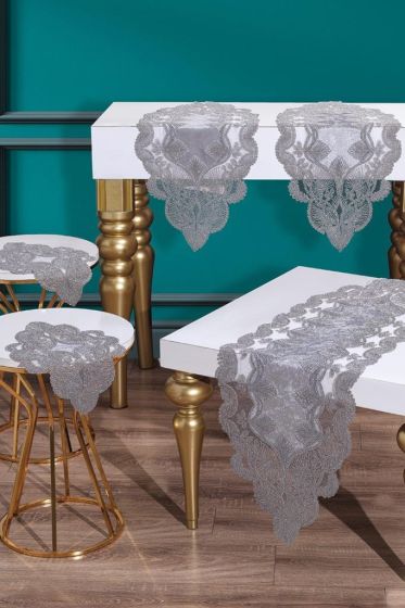 Fransız Güpürlü Kadife Midye Salon Takımı 5 Parça Gri - Çeyiz Diyarı
