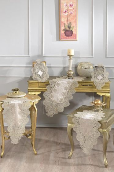 Fransız Güpürlü Kadife Royal Salon Takımı 5 Parça Cappucino - Çeyiz Diyarı