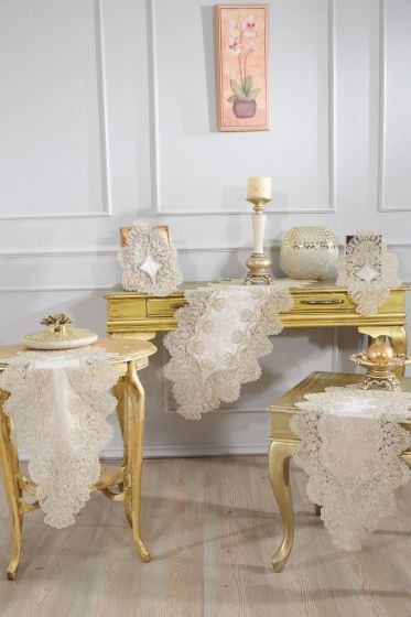 Fransız Güpürlü Kadife Royal Salon Takımı 5 Parça Cappucino - Çeyiz Diyarı (1)