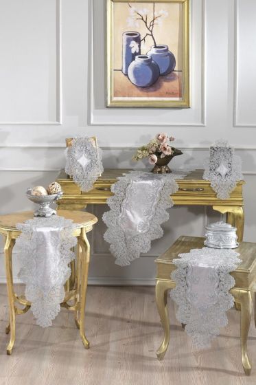 Fransız Güpürlü Kadife Royal Salon Takımı 5 Parça Gri - Çeyiz Diyarı