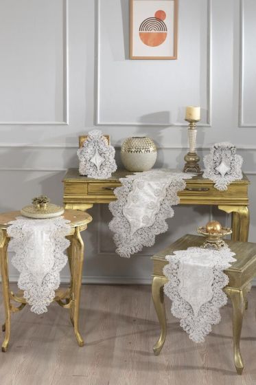 Fransız Güpürlü Kadife Royal Salon Takımı 5 Parça Krem - Çeyiz Diyarı