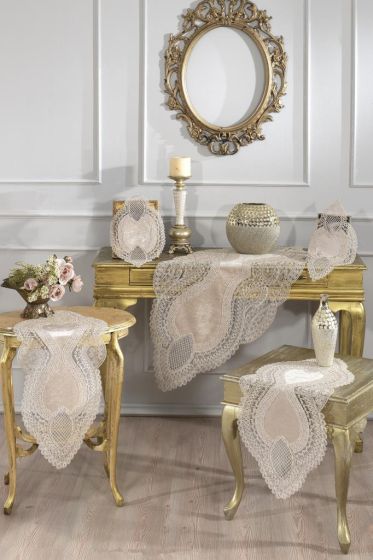 Fransız Güpürlü Kadife Yağmur Salon Takımı 5 Parça Cappucino - Çeyiz Diyarı
