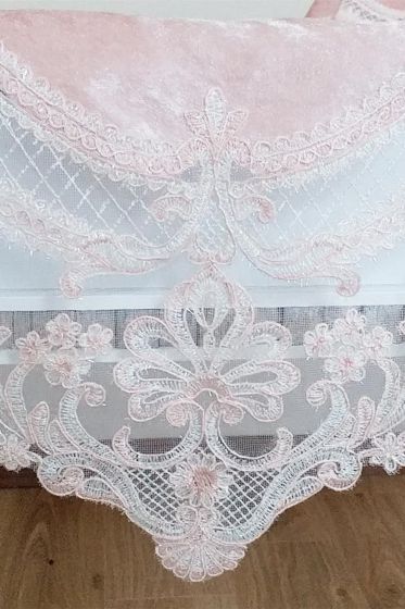 Fransız Güpürlü Orkide Kadife Salon Takımı 5 Parça Pudra - Çeyiz Diyarı