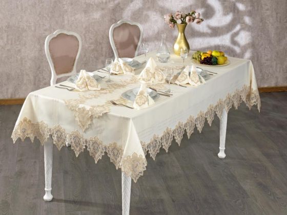Fransız Güpürlü Saltanat Masa Örtüsü Takımı Ekru Altın 26 Parça - Çeyiz Diyarı