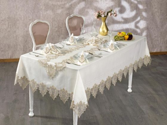 Fransız Güpürlü Saltanat Masa Örtüsü Takımı Ekru Bakır 26 Parça - Çeyiz Diyarı