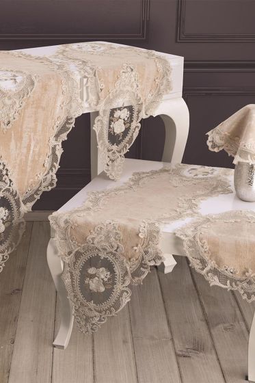 Fransız Güpürlü Şönil Elit Salon Takımı 5 Parça Cappucino - Çeyiz Diyarı