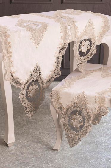 Fransız Güpürlü Şönil Elit Salon Takımı 5 Parça Ekru Gold - Çeyiz Diyarı