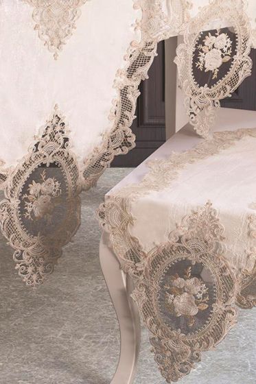 Fransız Güpürlü Şönil Elit Salon Takımı 5 Parça Ekru Gold - Çeyiz Diyarı (1)