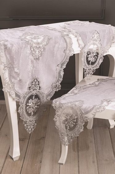 Fransız Güpürlü Şönil Elit Salon Takımı 5 Parça Gri - Çeyiz Diyarı