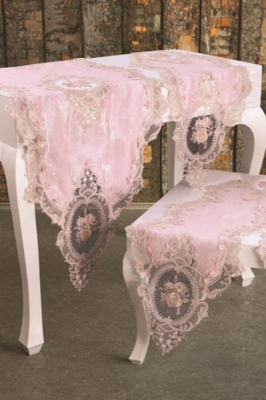 Fransız Güpürlü Şönil Elit Salon Takımı 5 Parça Pudra - Çeyiz Diyarı