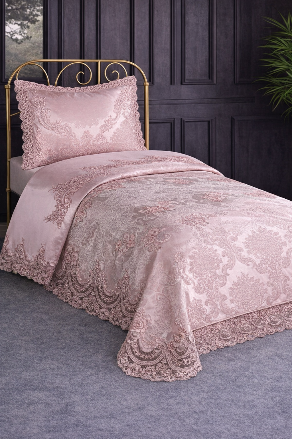 Fransız Güpürlü Tek Kişilik Eylül Pike Takımı Pudra - 1