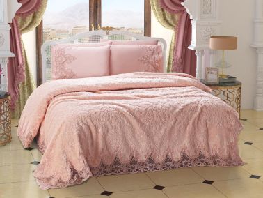 Fransız Güpürlü Venedik Battaniye Takımı Pudra - 1